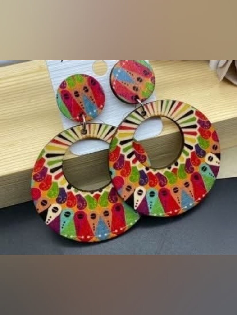 Colorful Hand Painted Wooden Hoop Earrings MulticolorBrand New Bold Tribal